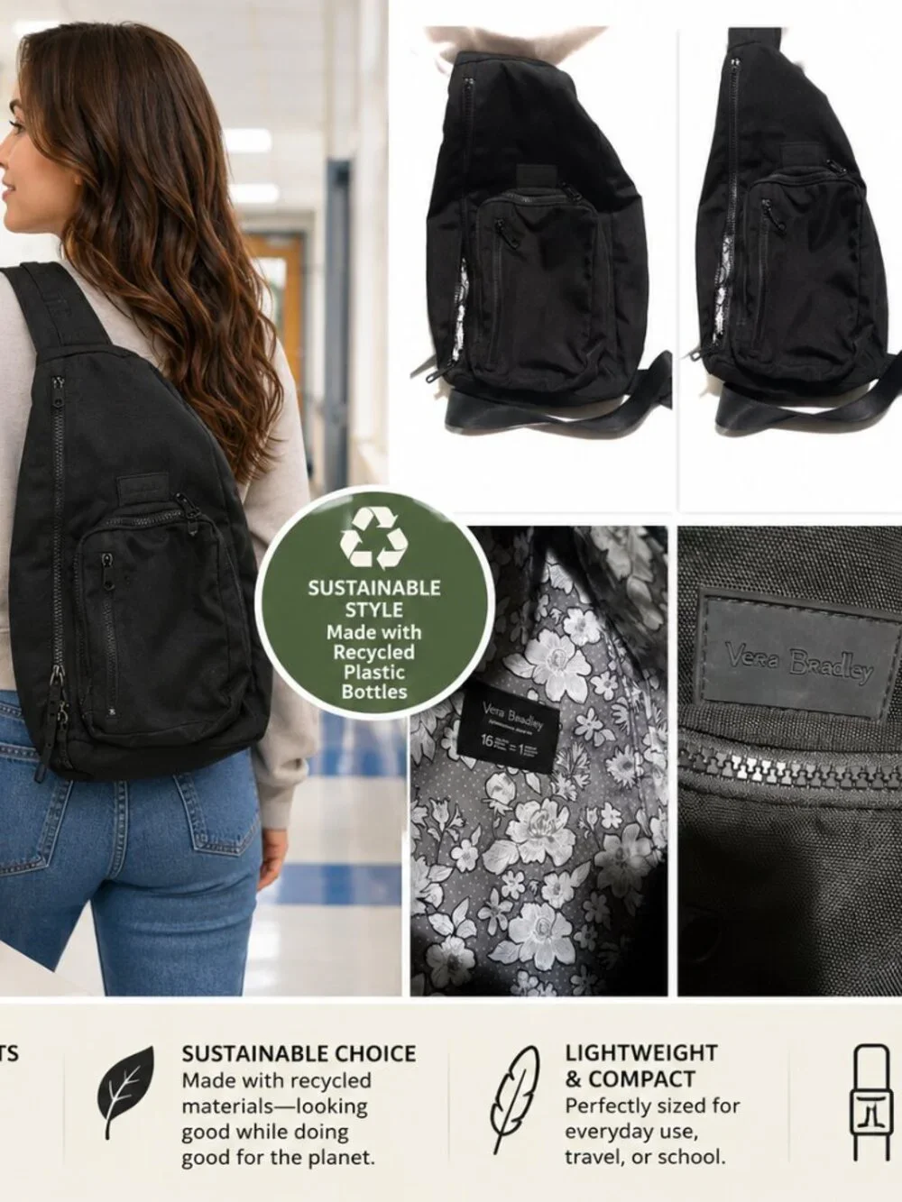Vera Bradley ReActive Mini Sling Backpack Black Recycled Travel School Bag